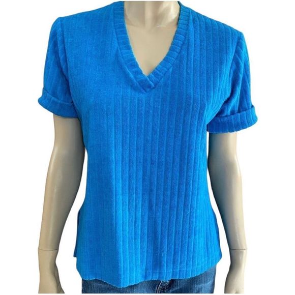 Vintage Tops 7svintage Top Terry Cloth Shirt Blue V Neck Blouse